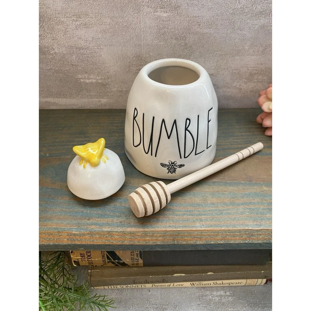 Rae Dunn ‘BUMBLE’ Bee Honey Pot Ceramic Ivory w/ Yellow Bee Lid & Wood Dipper